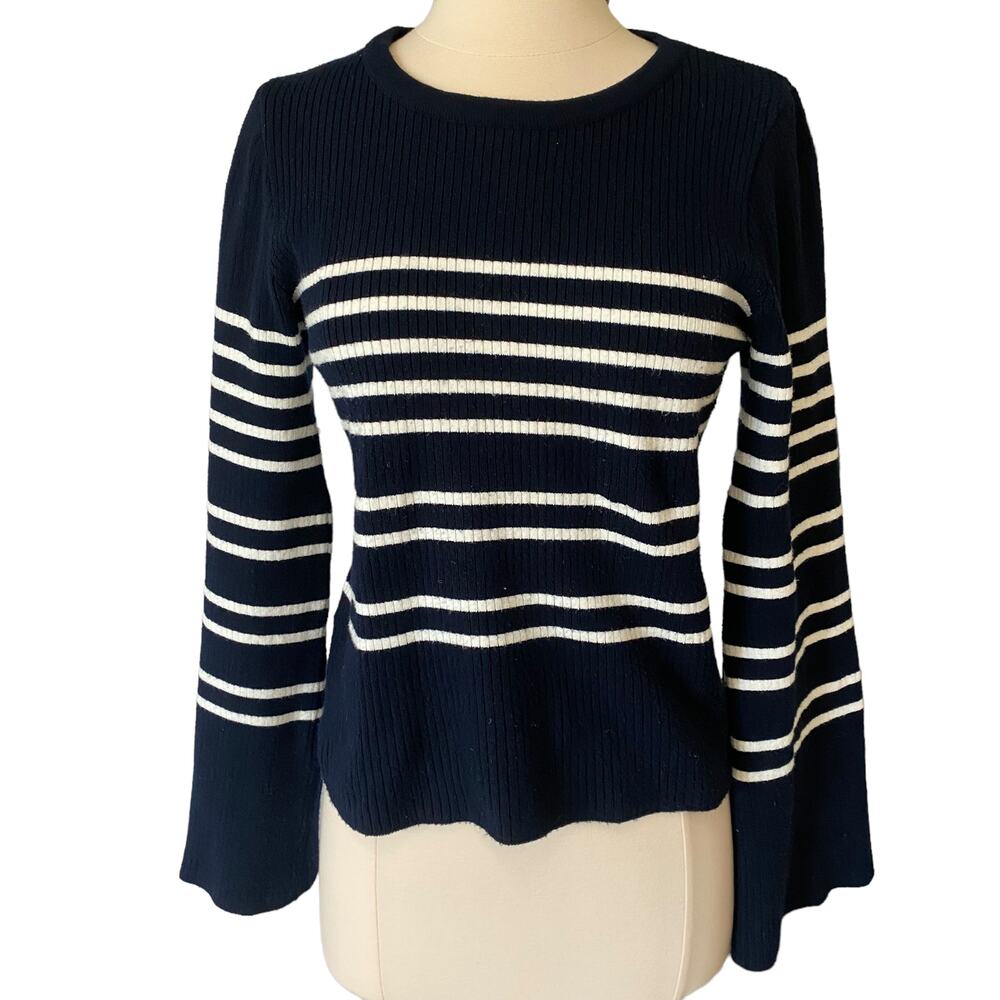 Topshop Navy White Striped Long Sleeve Knit Sweater Sz 2P / XS Flare Sleeve
